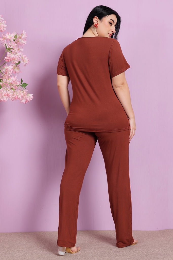 Model wearing Cotton Blended Night Suit Set with Pattern type: Solid-1