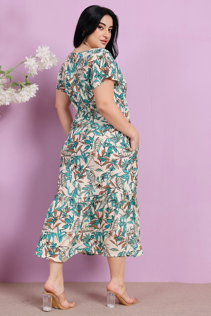 Model wearing Rayon Maxi Dress with Pattern type: Leaves-1