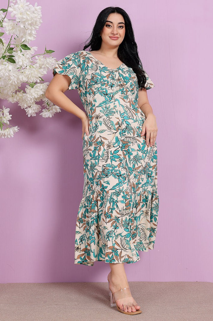 Model wearing Rayon Maxi Dress with Pattern type: Leaves-2