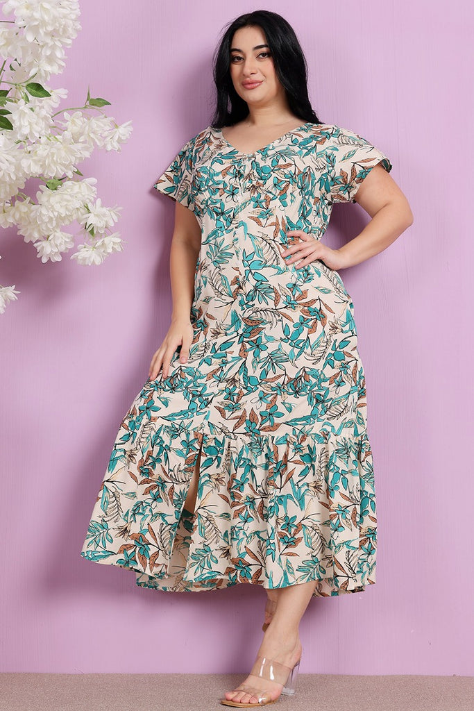 Model wearing Rayon Maxi Dress with Pattern type: Leaves-4