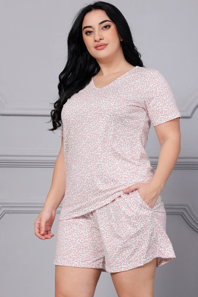 Model wearing Cotton Lycra Night Suit Set with Pattern type: Floral-3