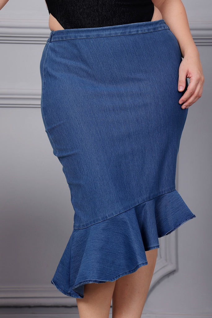 Model wearing Denim Skirt with Pattern type: Solid-2