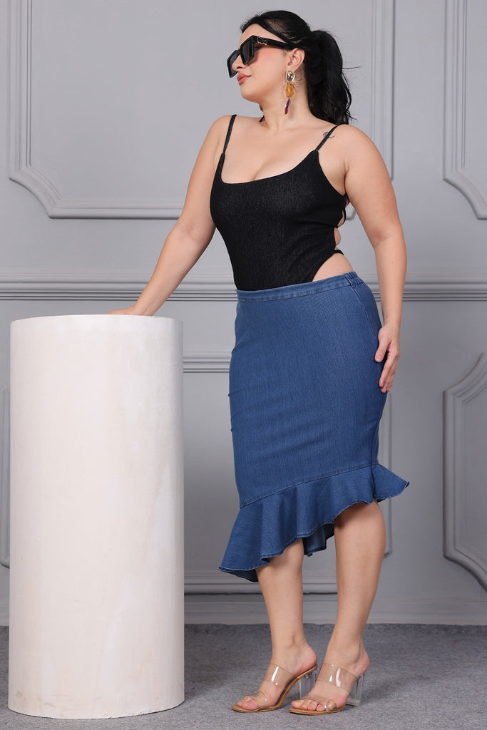 Model wearing Denim Skirt with Pattern type: Solid-6