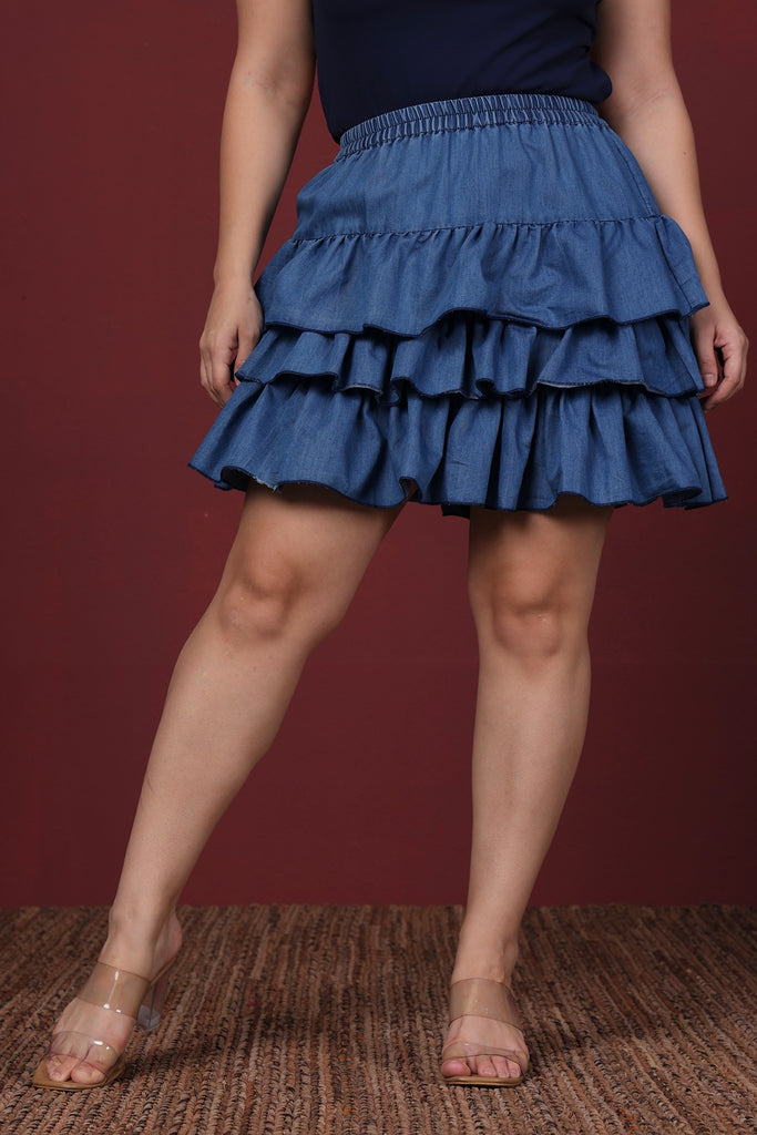 Model wearing Denim Skirt with Pattern type: Solid-1