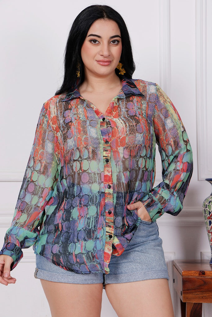 Model wearing Polyster Georgette Shirt with Pattern type: Circle-3