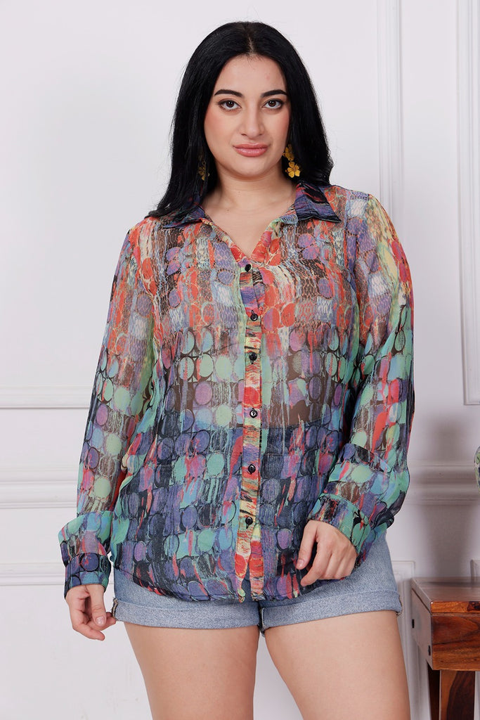 Model wearing Polyster Georgette Shirt with Pattern type: Circle-4