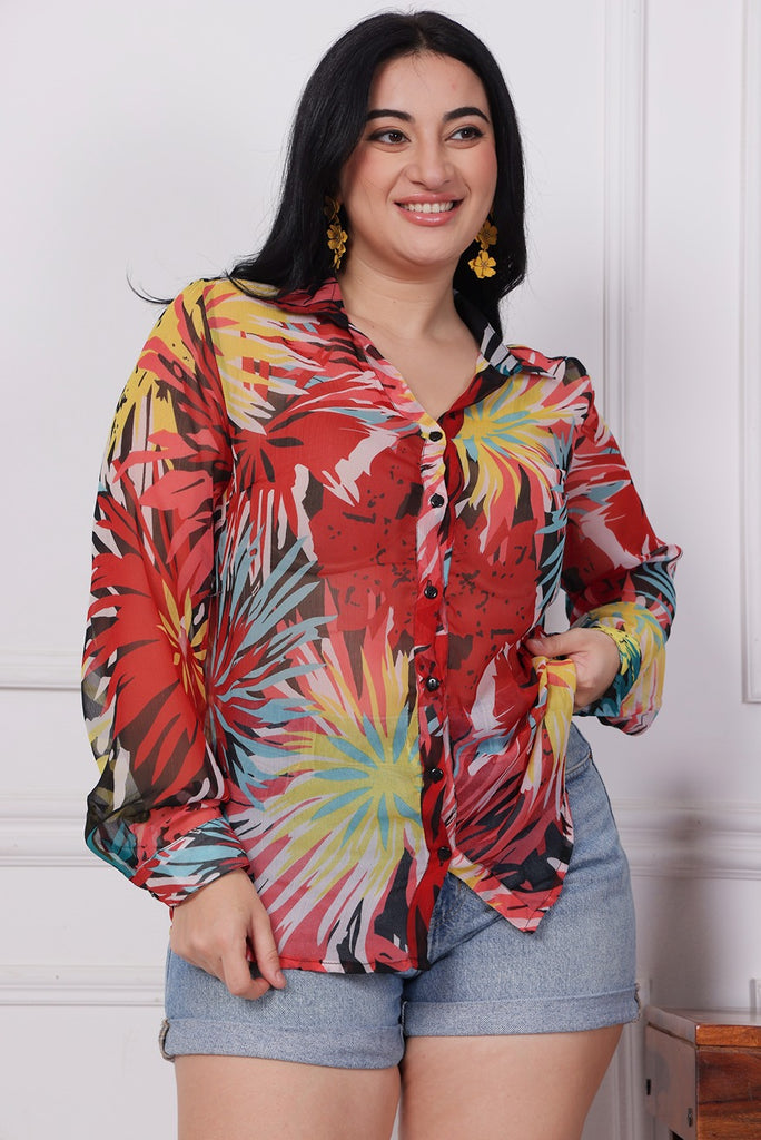 Model wearing Polyster Chiffon Shirt with Pattern type: Floral-5