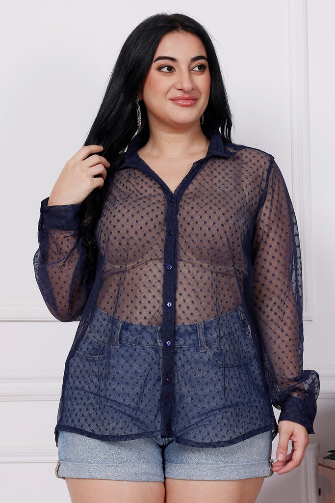 Model wearing Chiffon Net Shirt with Pattern type: Polka Dots-2