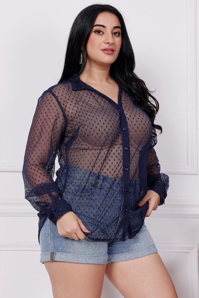 Model wearing Chiffon Net Shirt with Pattern type: Polka Dots-4