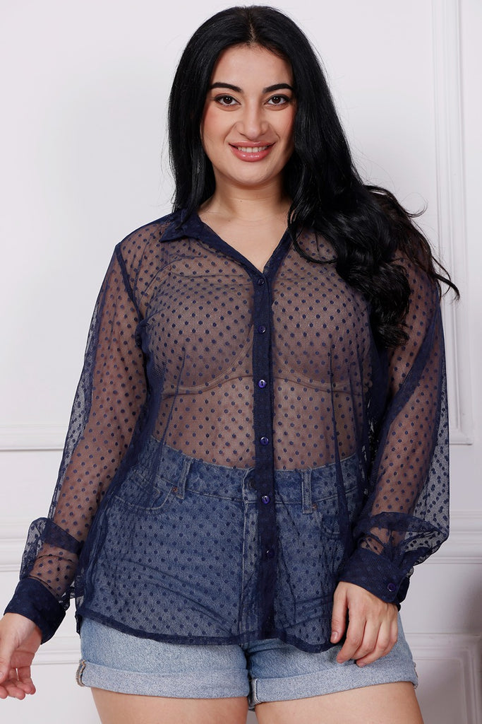 Model wearing Chiffon Net Shirt with Pattern type: Polka Dots-5