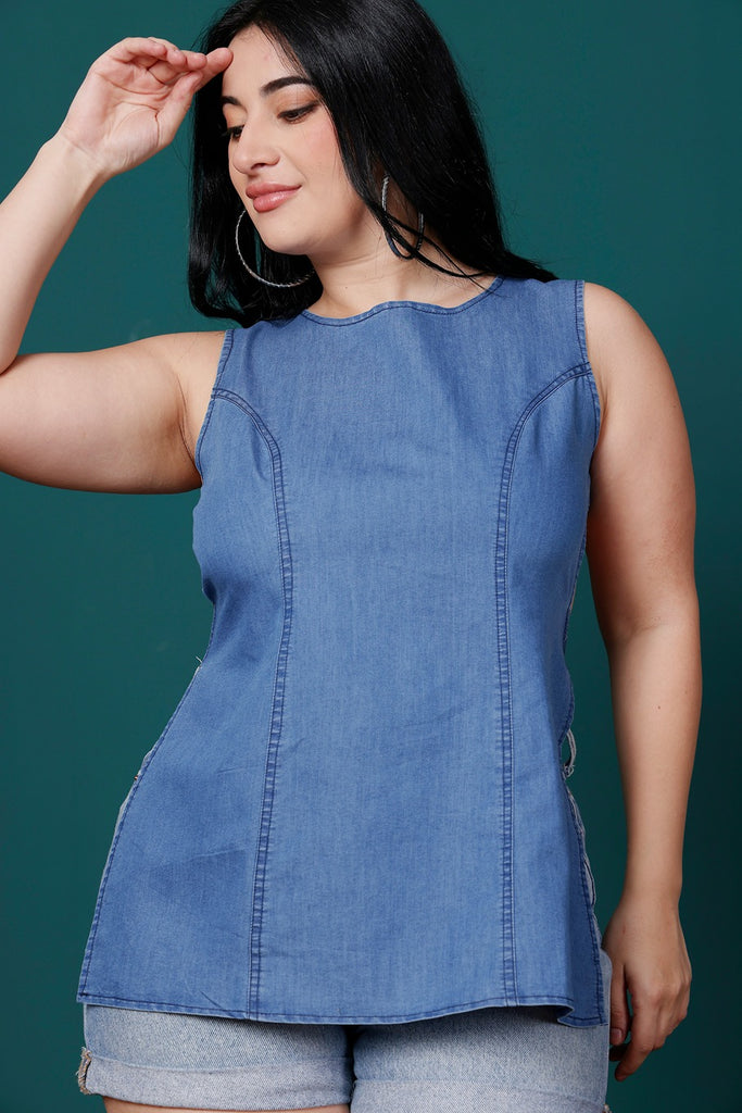 Model wearing Denim Tops with Pattern type: Solid-4