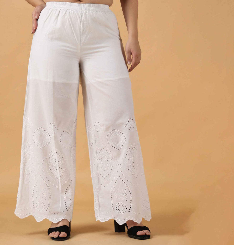 Model Wearing Solid White Cutwork Palazzo 