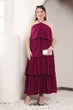 Maroon Solid Layered Off Shoulder Dress