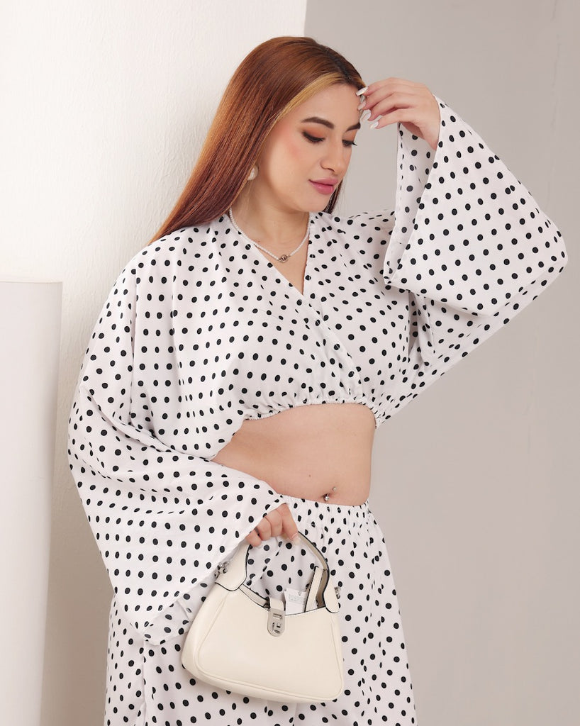 Model wearing Polyster Georgette Co-ord Set with Pattern type: Polka Dots-3