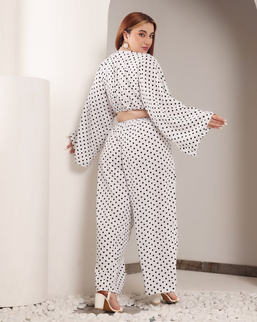 Model wearing Polyster Georgette Co-ord Set with Pattern type: Polka Dots-5