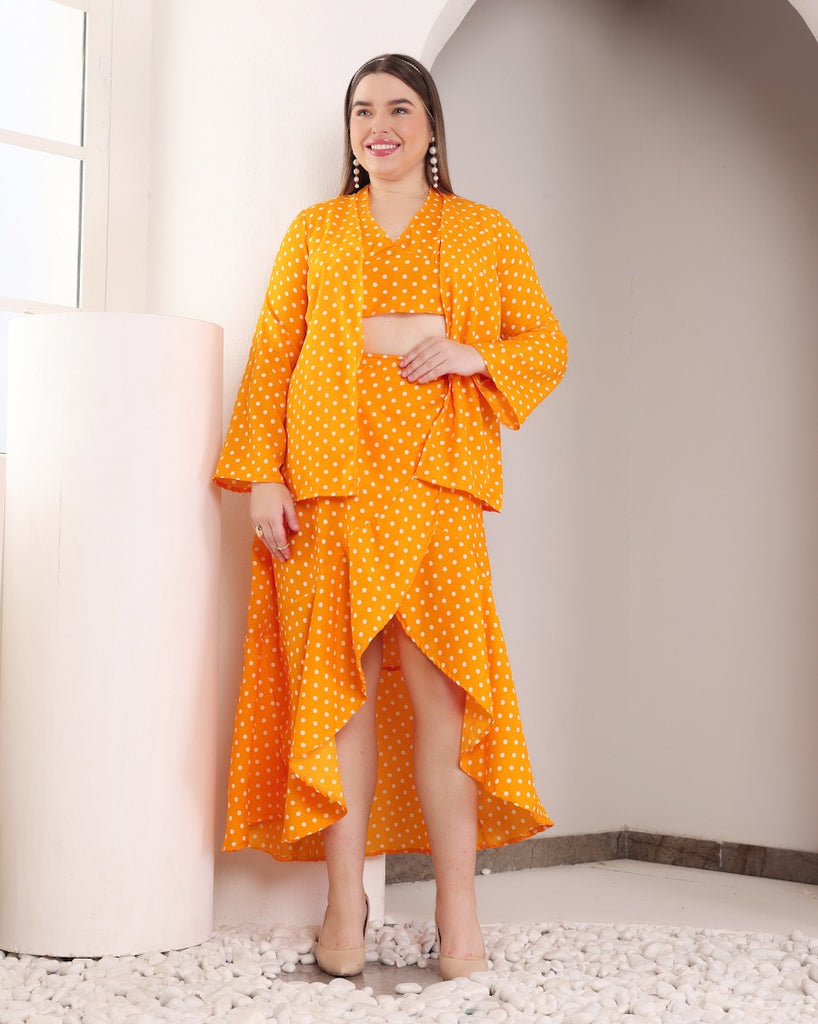 Model wearing Polyster Georgette Co-ord Set with Pattern type: Polka Dots-2