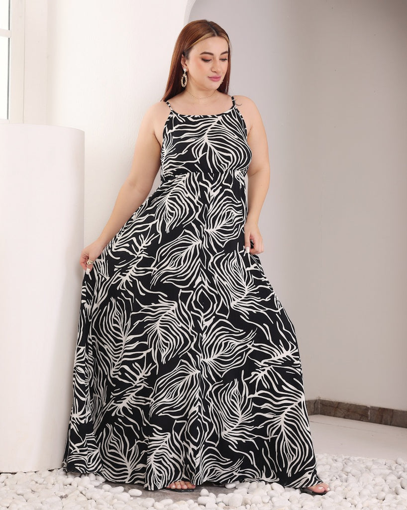 Model wearing Rayon Maxi Dress with Pattern type: Leaf-3