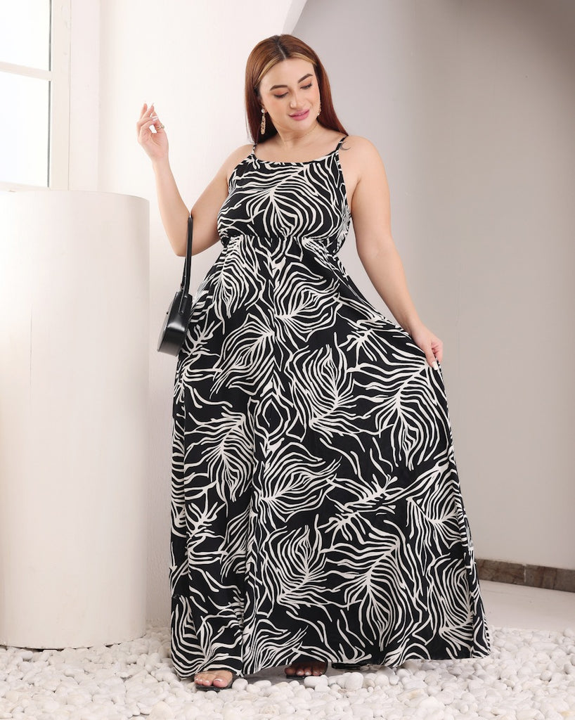 Model wearing Rayon Maxi Dress with Pattern type: Leaf-6