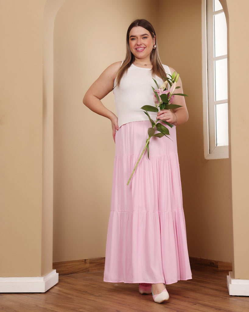 Model wearing Viscose Crepe Long Skirt with Pattern type: Solid-2