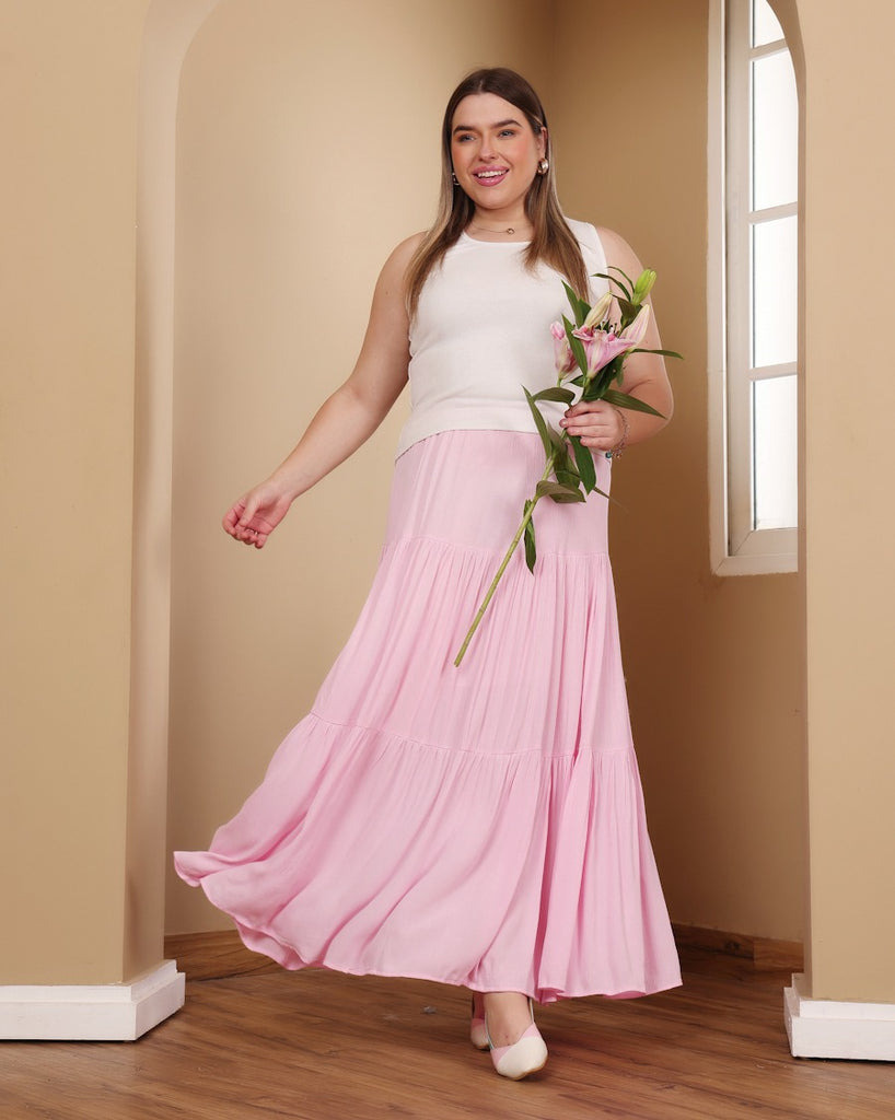 Model wearing Viscose Crepe Long Skirt with Pattern type: Solid-3