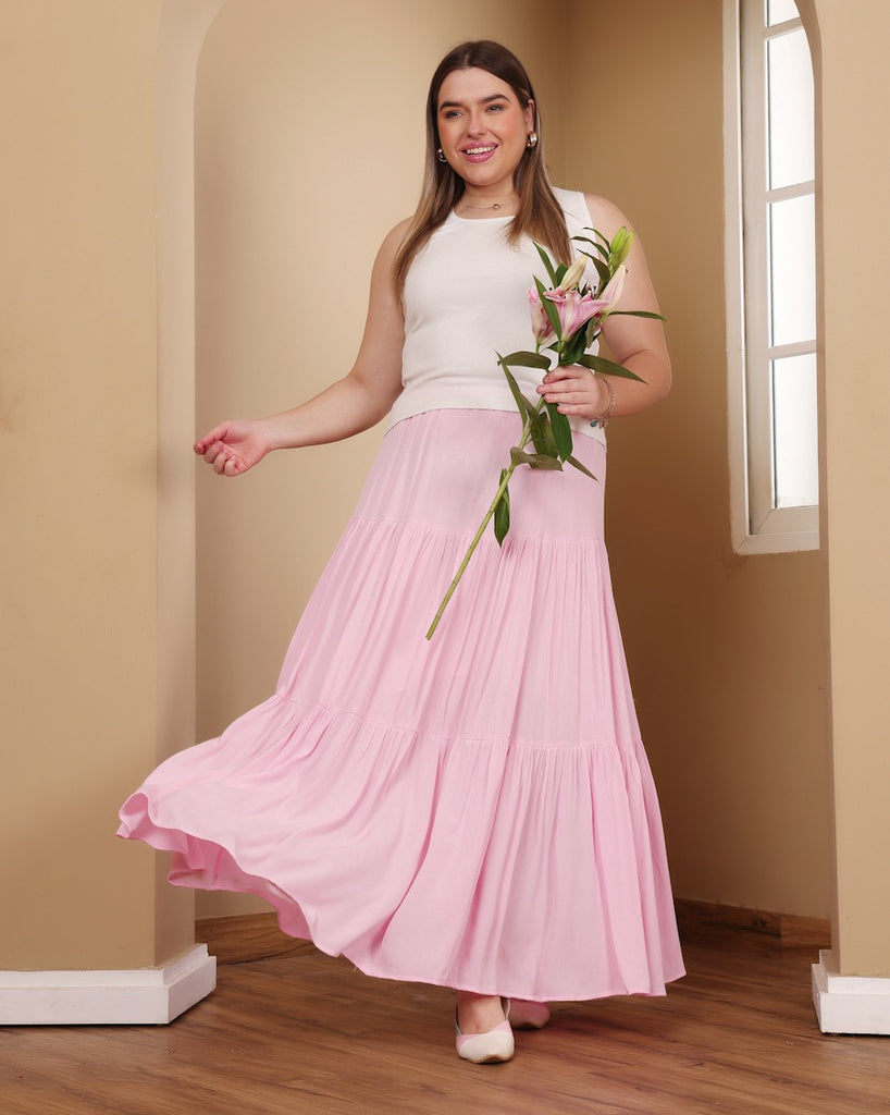 Model wearing Viscose Crepe Long Skirt with Pattern type: Solid-4