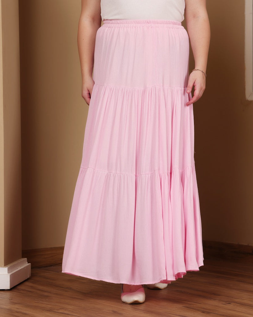 Model wearing Viscose Crepe Long Skirt with Pattern type: Solid-5