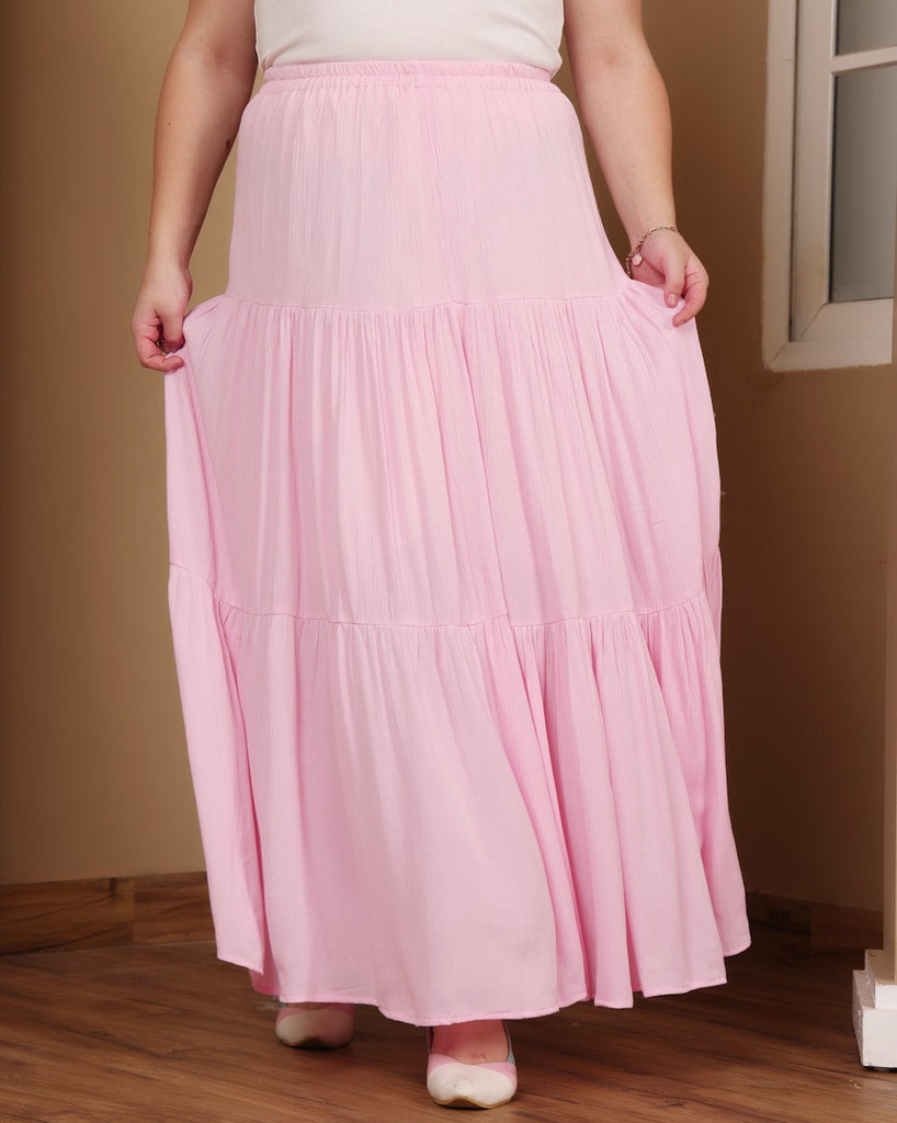 Model wearing Viscose Crepe Long Skirt with Pattern type: Solid-6