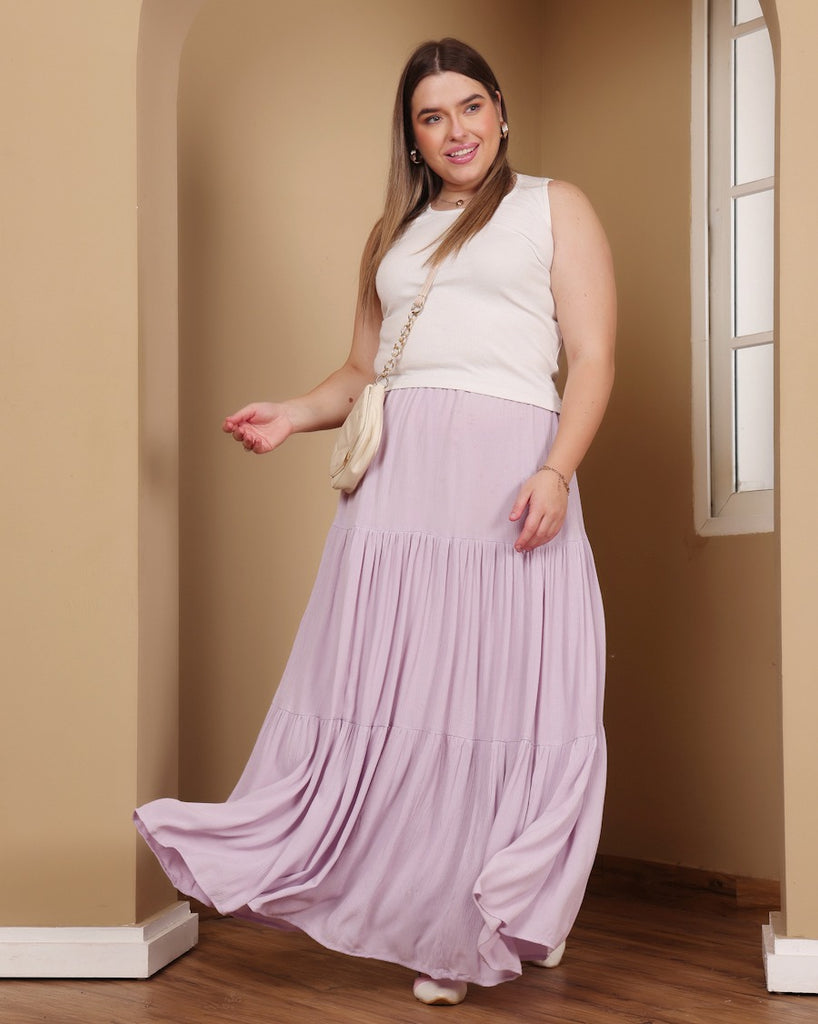 Model wearing Viscose Crepe Long Skirt with Pattern type: Solid-8