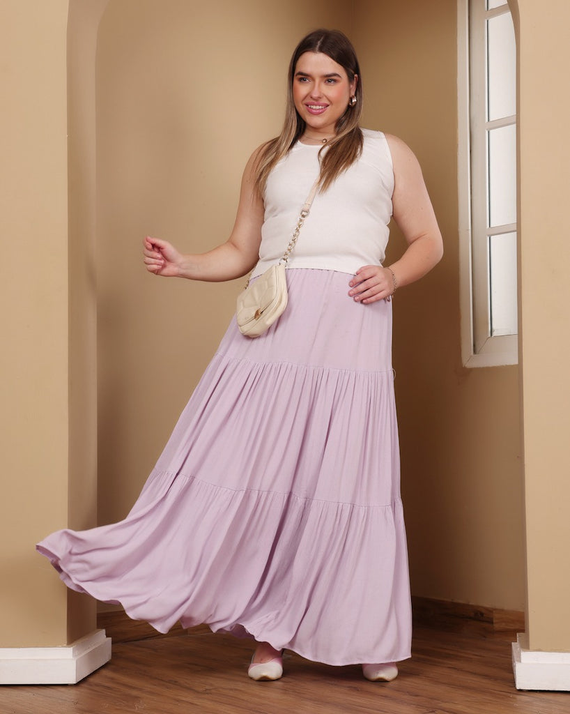 Model wearing Viscose Crepe Long Skirt with Pattern type: Solid-9