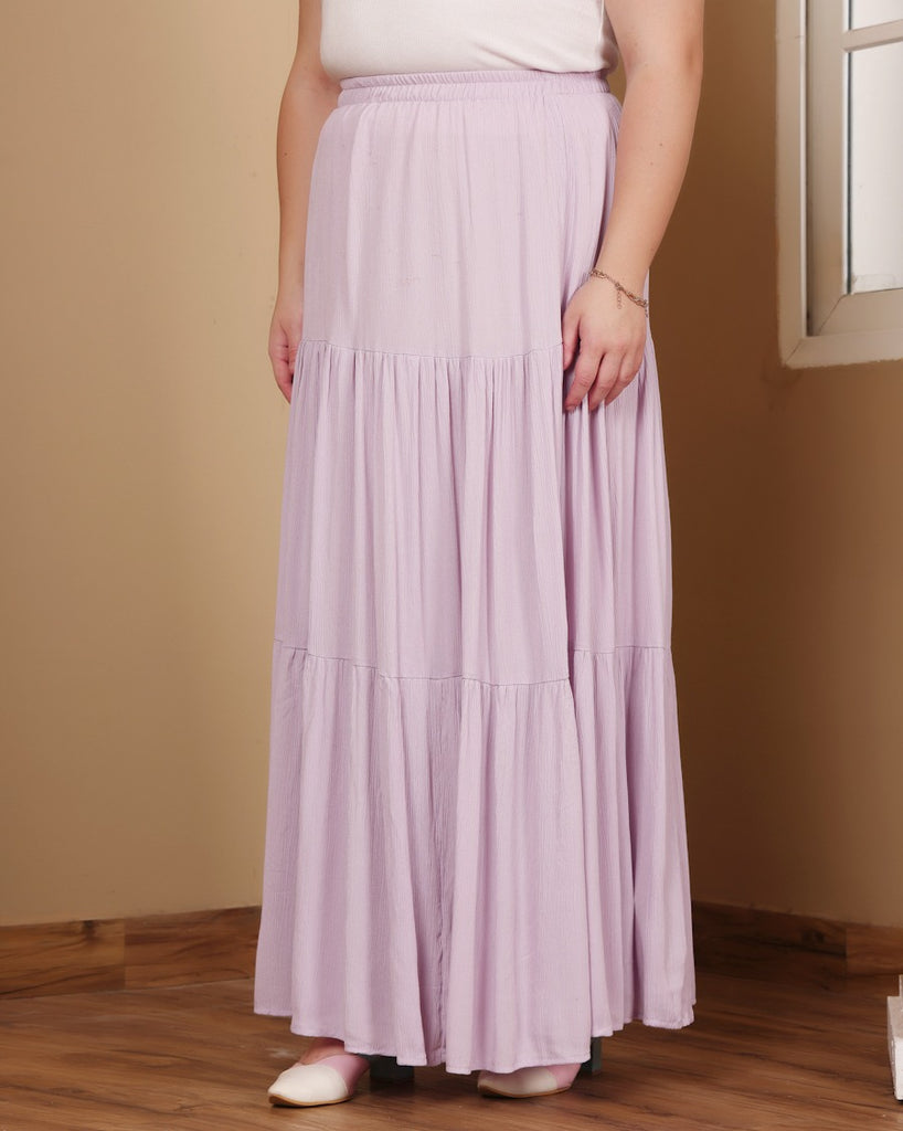 Model wearing Viscose Crepe Long Skirt with Pattern type: Solid-11