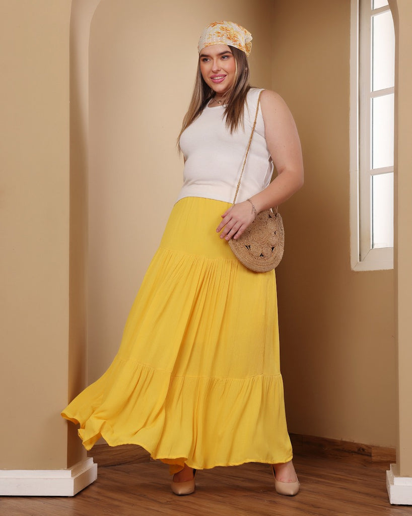 Model wearing Viscose Crepe Long Skirt with Pattern type: Solid-17