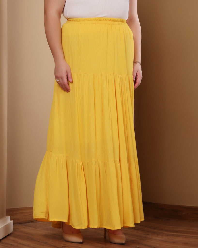 Model wearing Viscose Crepe Long Skirt with Pattern type: Solid-18