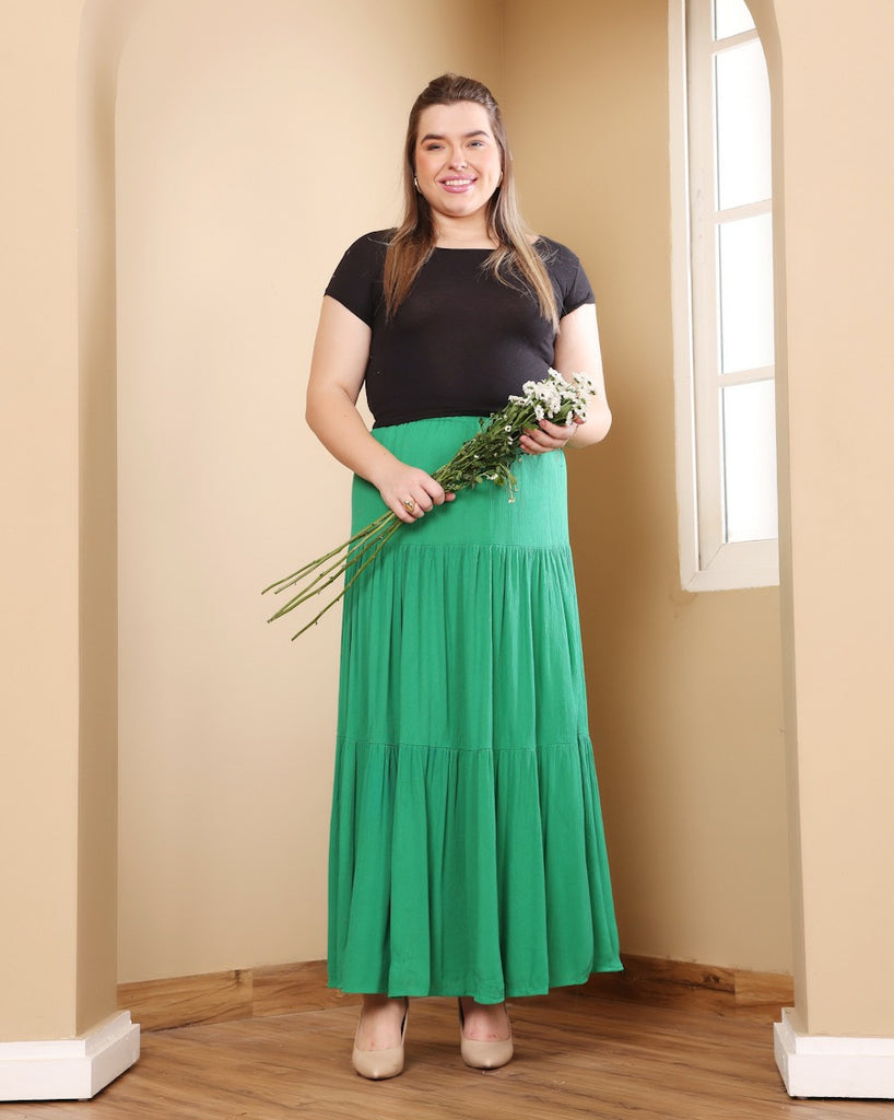 Model wearing Viscose Crepe Long Skirt with Pattern type: Solid-19