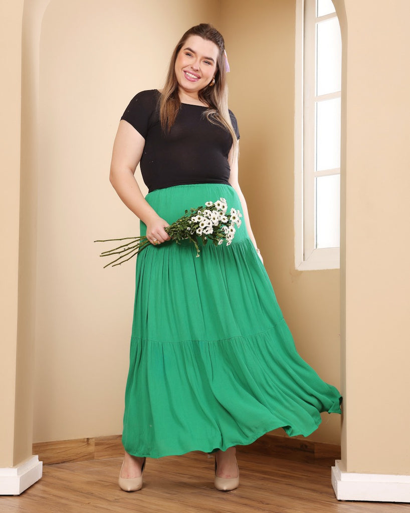 Model wearing Viscose Crepe Long Skirt with Pattern type: Solid-20