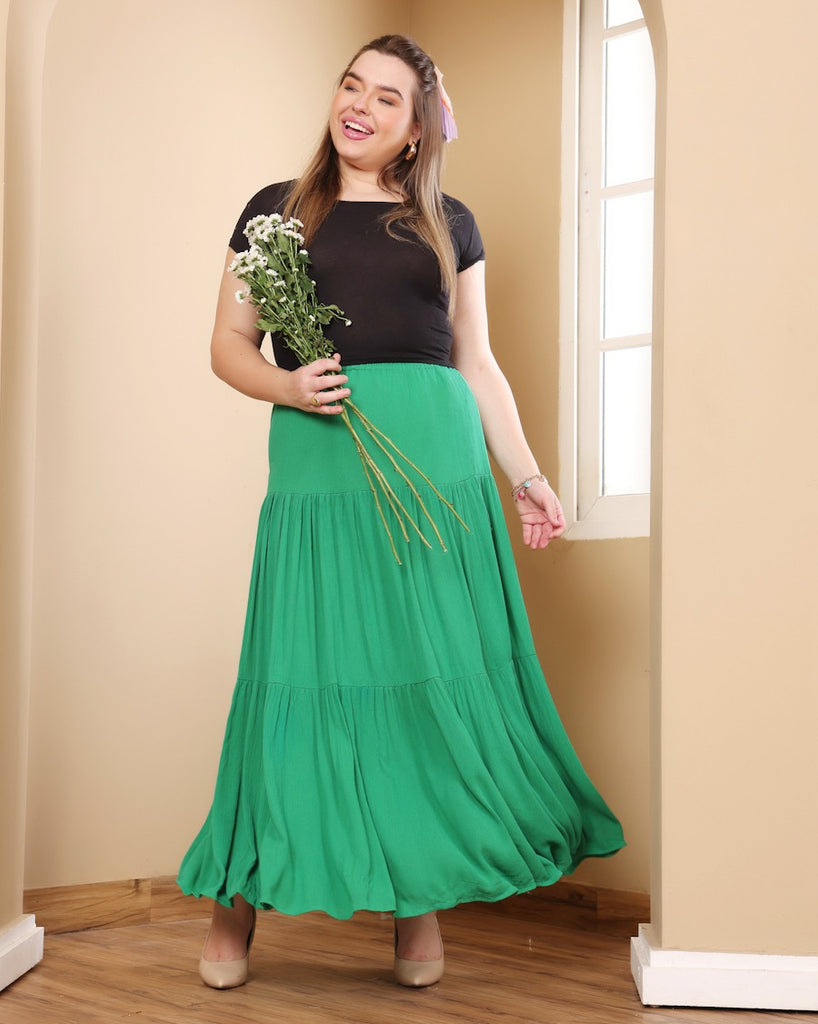 Model wearing Viscose Crepe Long Skirt with Pattern type: Solid-22