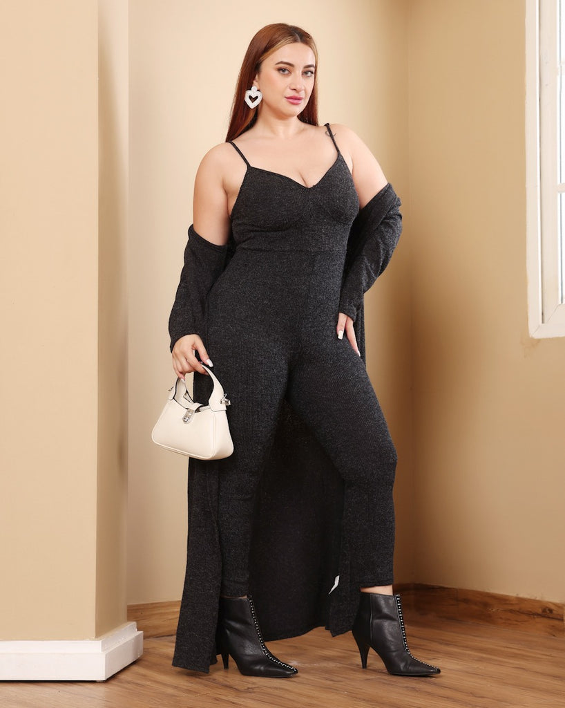 Model wearing Poly Blended Jumpsuit with Pattern type: Solid-2