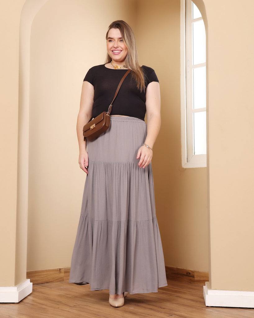 Model wearing Viscose Crepe Long Skirt with Pattern type: Solid-25