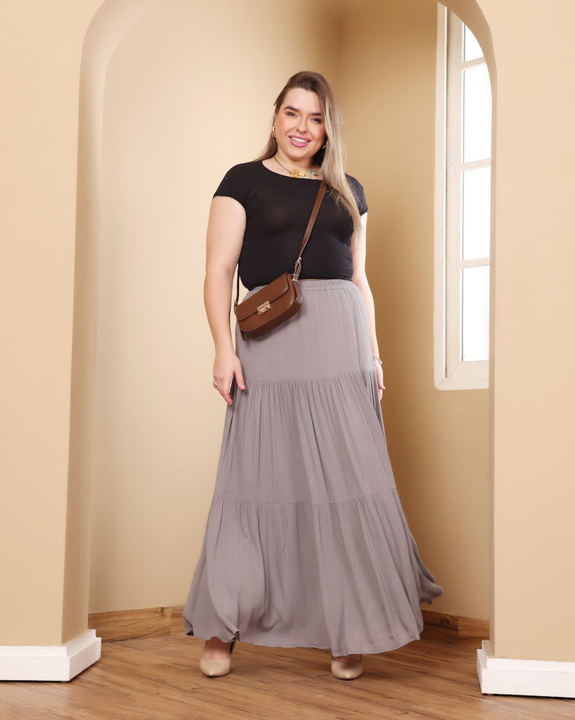 Model wearing Viscose Crepe Long Skirt with Pattern type: Solid-26