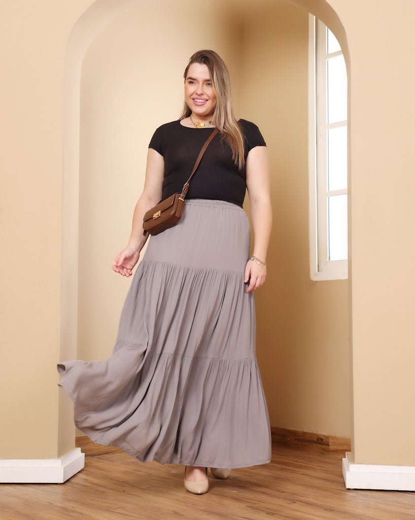 Model wearing Viscose Crepe Long Skirt with Pattern type: Solid-27