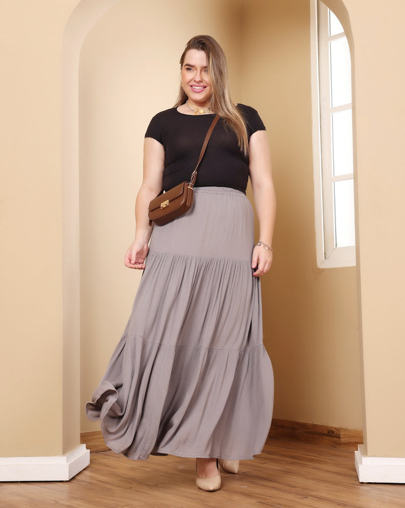 Model wearing Viscose Crepe Long Skirt with Pattern type: Solid-28