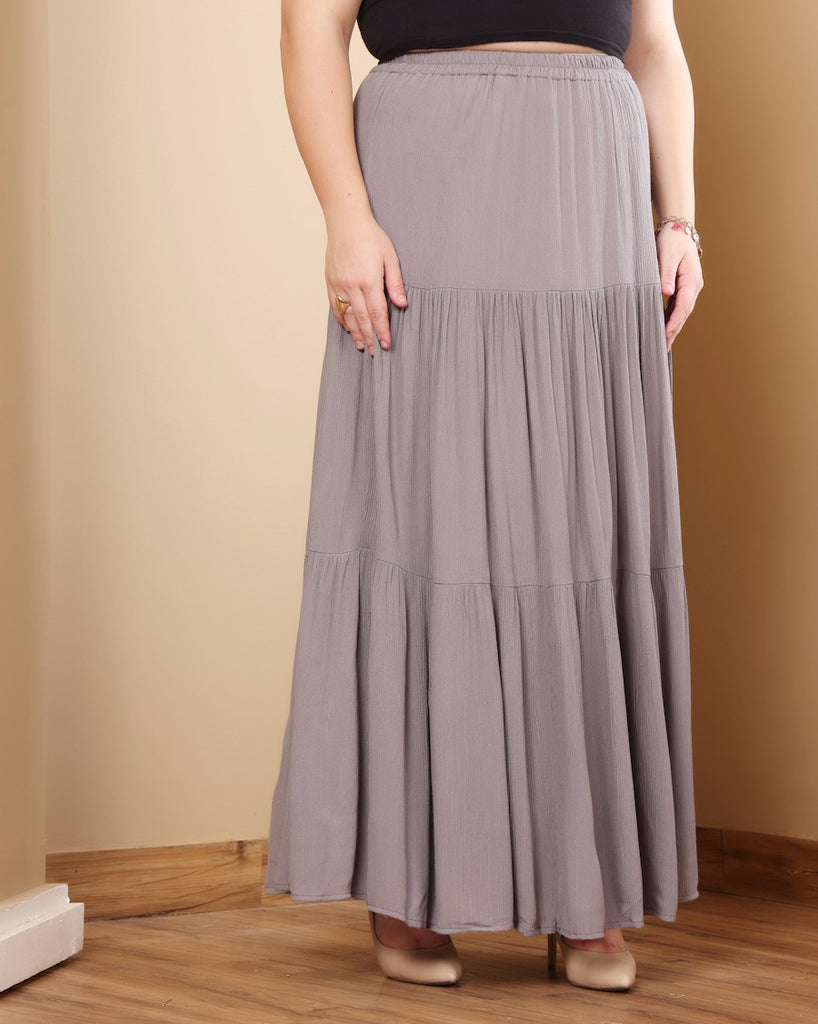 Model wearing Viscose Crepe Long Skirt with Pattern type: Solid-29