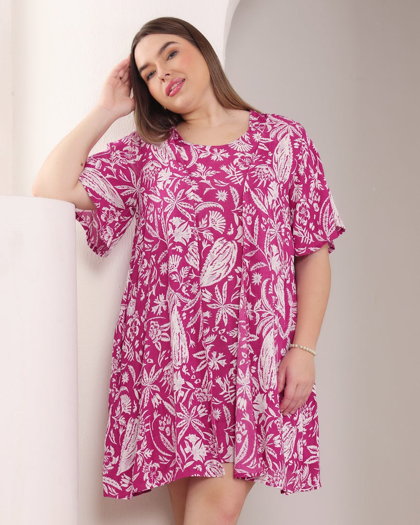 Model wearing Viscose Crepe Mini Dress with Pattern type: Motif-7