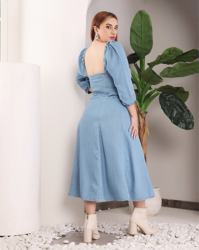 Model wearing Denim Midi Dress with Pattern type: Solid-5