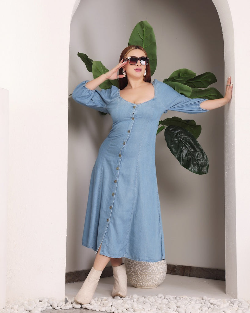 Model wearing Denim Midi Dress with Pattern type: Solid-6