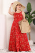 Red & Yellow Leaf Printed Maxi Dress