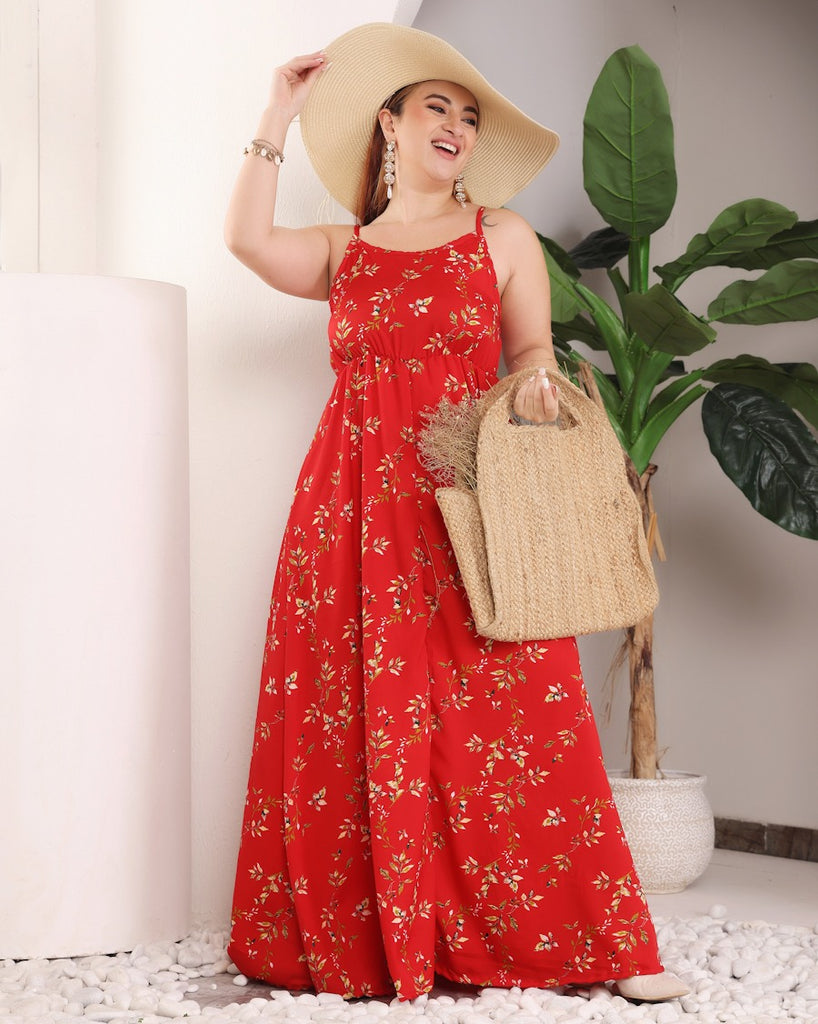 Model wearing Polyester Maxi Dress with Pattern type: Leaf-1