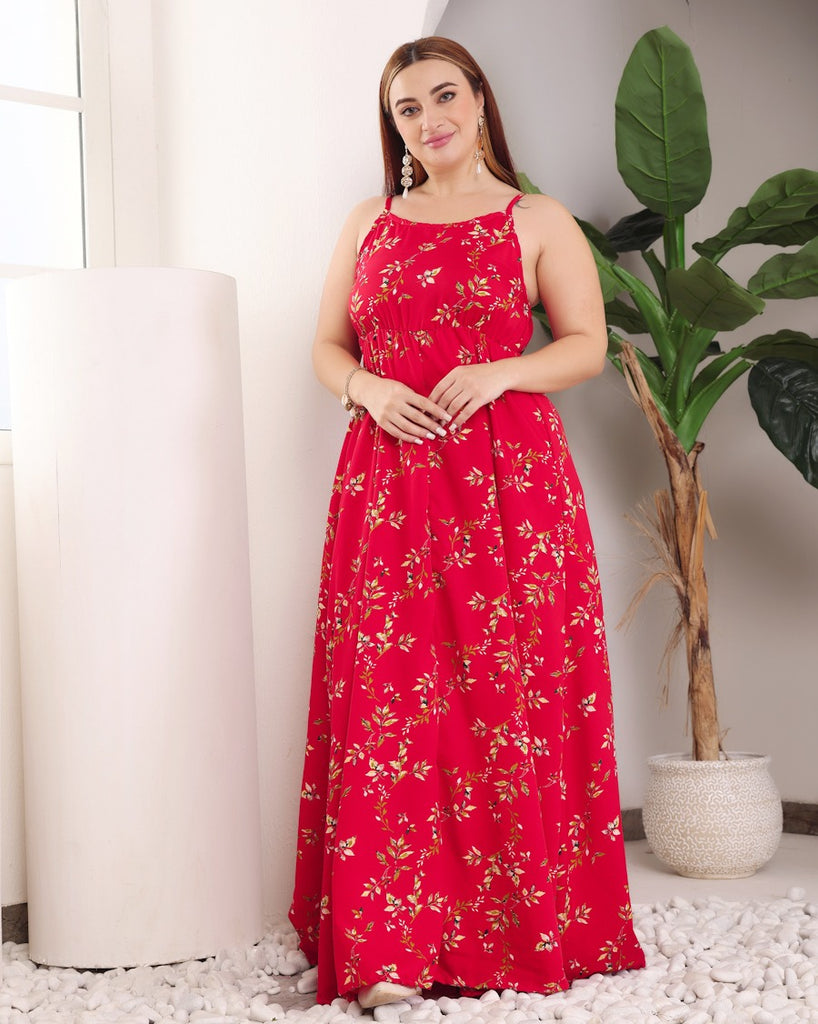 Model wearing Polyester Maxi Dress with Pattern type: Leaf-3