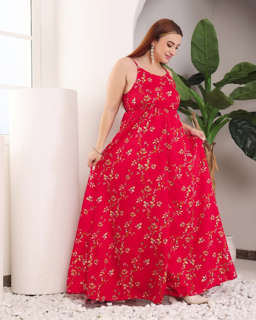 Model wearing Polyester Maxi Dress with Pattern type: Leaf-4