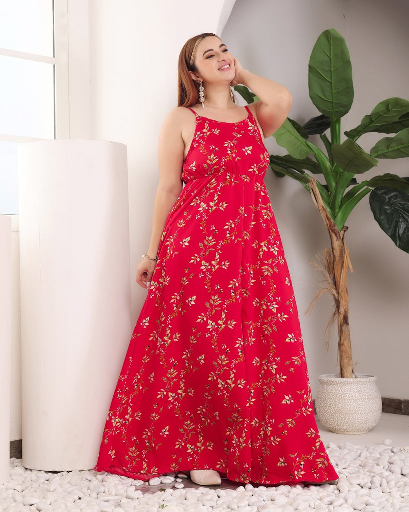 Model wearing Polyester Maxi Dress with Pattern type: Leaf-5