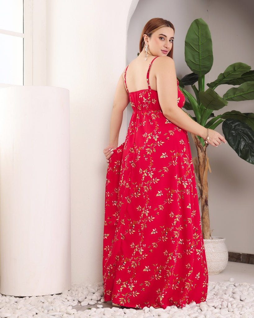 Model wearing Polyester Maxi Dress with Pattern type: Leaf-6